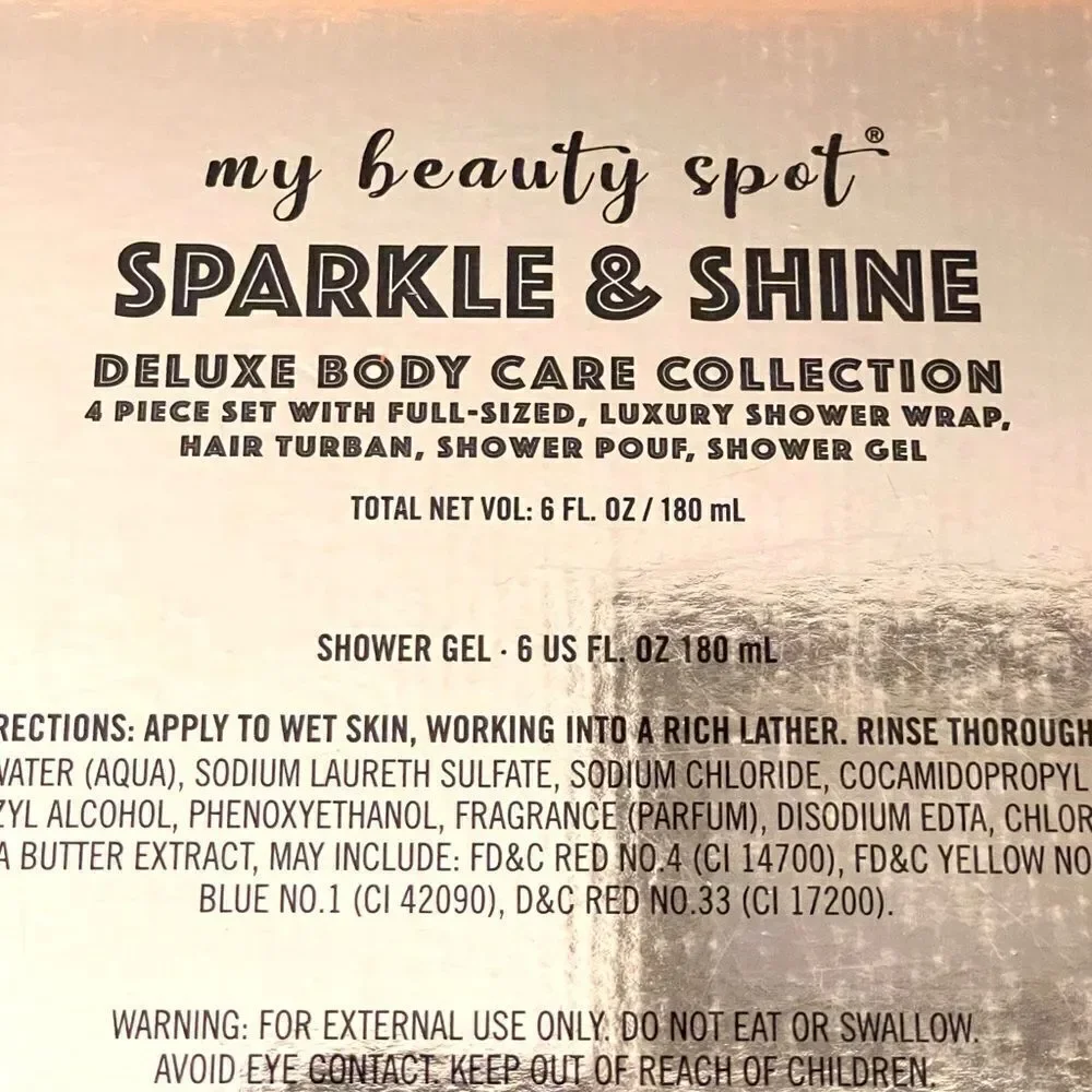 NWT sparkle shine deluxe 4 Pcs set body wrap,hair towel turban,shower pouf & gel